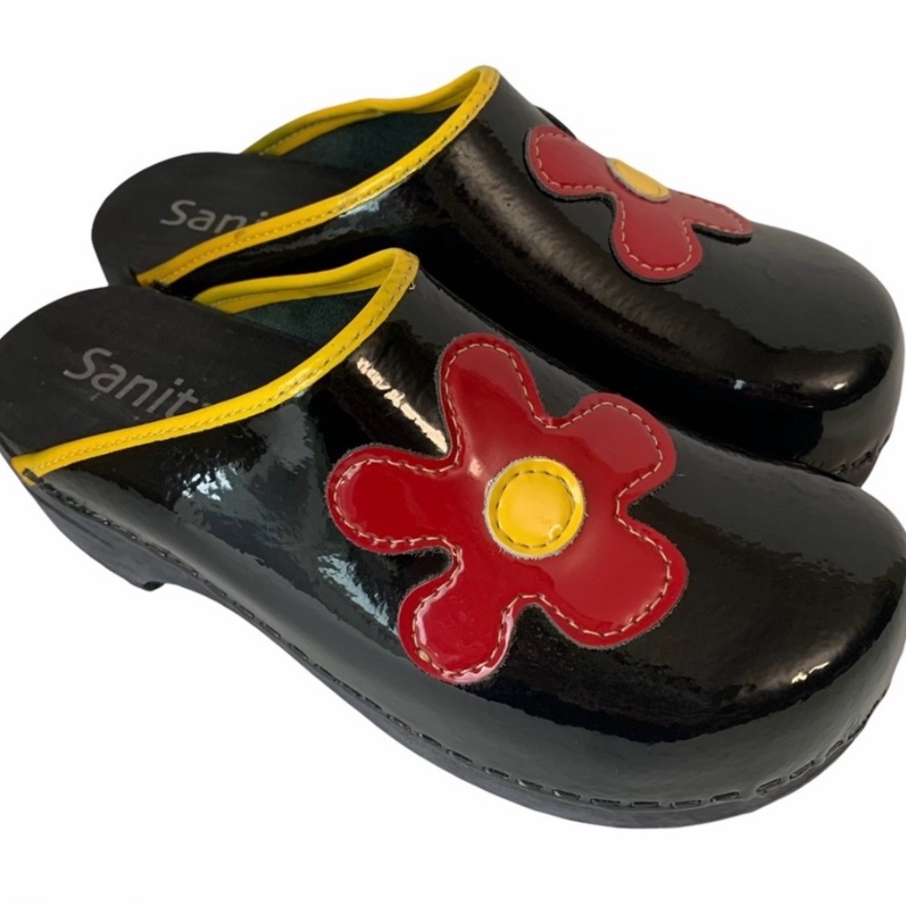 Sanita Size 4 girls flower leather open back slip on danish Clogs made in Poland